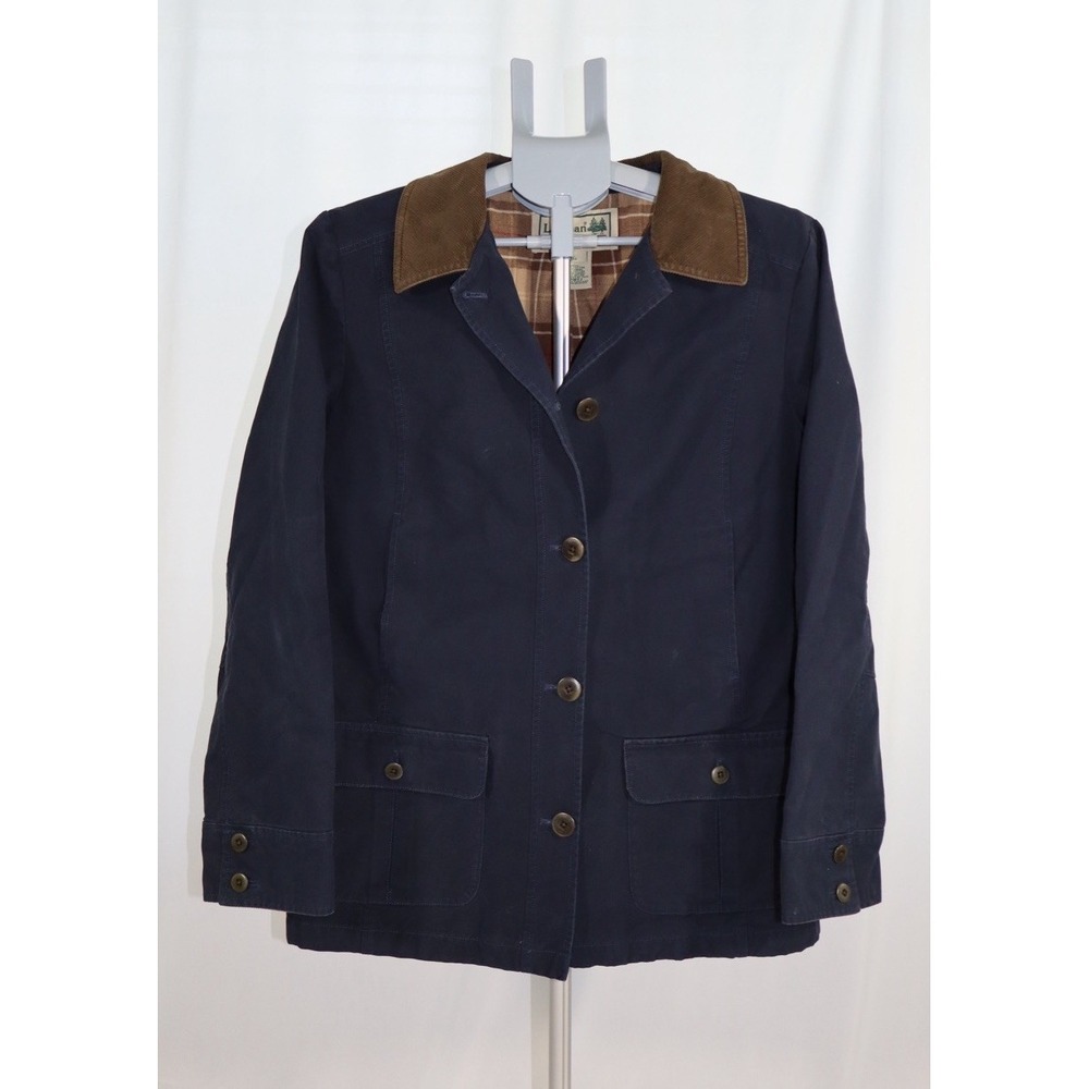 VTG L.L. Bean Adirondack Barn Coat Womens Large Navy Blue Flannel Lined Jacket